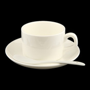 Baltas sublimacinis puodelis su lėkštele ir šaukšteliu